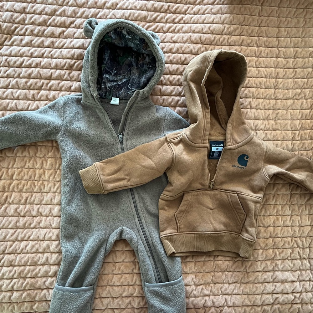 Carhartt Brown Hoodie and Brown Bear Baby Onesie Set 0-3